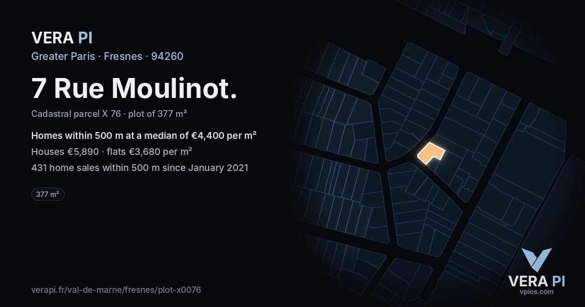 7 Rue Moulinot, Fresnes at night – the plot lit, the parcels around coloured by the prices near them