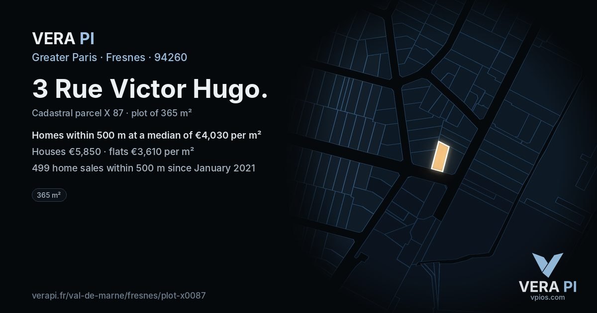 3 Rue Victor Hugo, Fresnes at night – the plot lit, the parcels around coloured by the prices near them