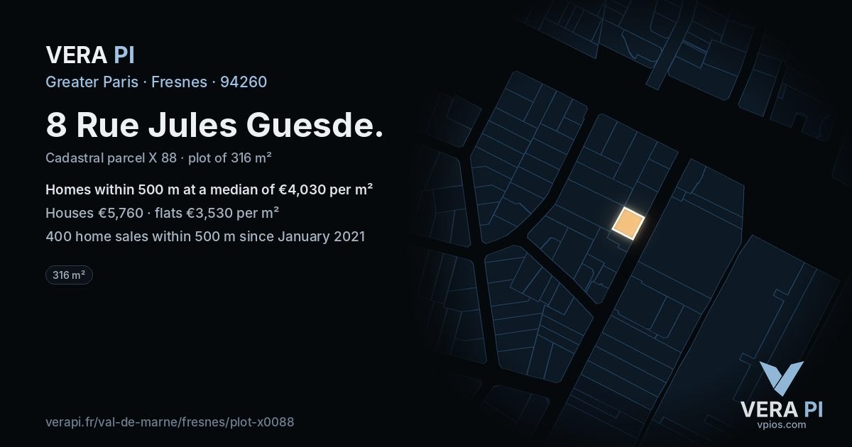 8 Rue Jules Guesde, Fresnes at night – the plot lit, the parcels around coloured by the prices near them