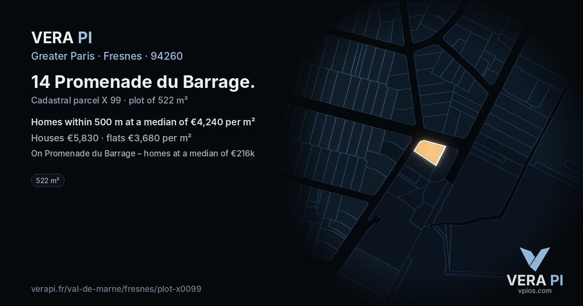 14 Promenade du Barrage, Fresnes at night – the plot lit, the parcels around coloured by the prices near them