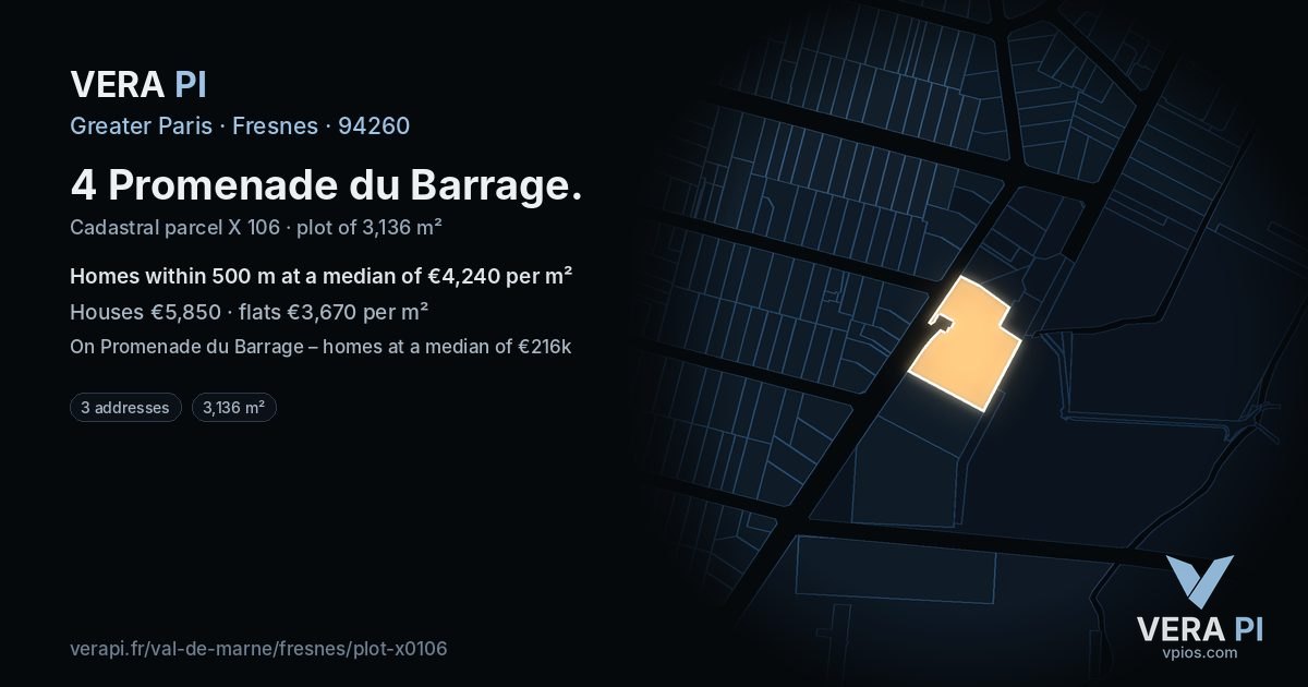 4 Promenade du Barrage, Fresnes at night – the plot lit, the parcels around coloured by the prices near them