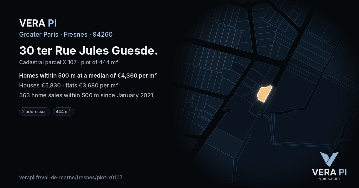 30 ter Rue Jules Guesde, Fresnes at night – the plot lit, the parcels around coloured by the prices near them