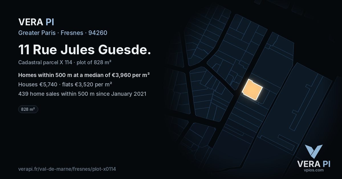 11 Rue Jules Guesde, Fresnes at night – the plot lit, the parcels around coloured by the prices near them