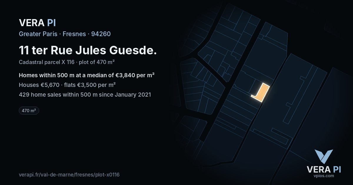 11 ter Rue Jules Guesde, Fresnes at night – the plot lit, the parcels around coloured by the prices near them