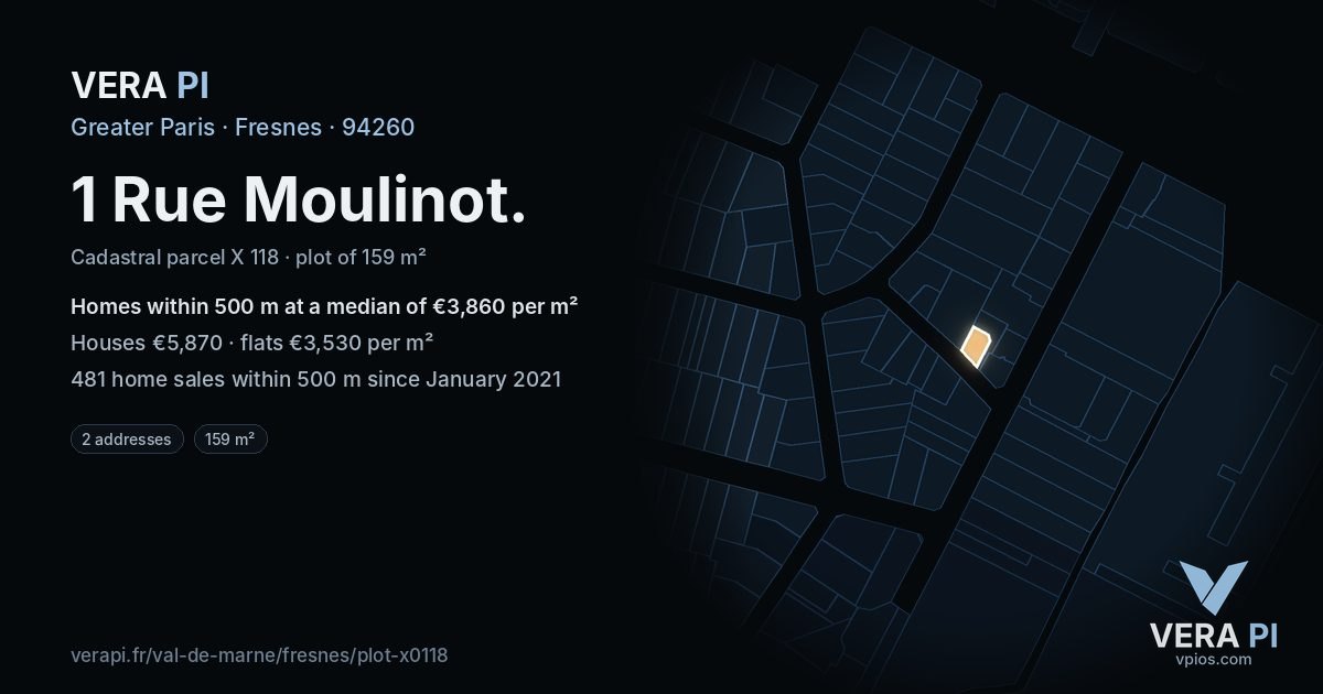 1 Rue Moulinot, Fresnes at night – the plot lit, the parcels around coloured by the prices near them