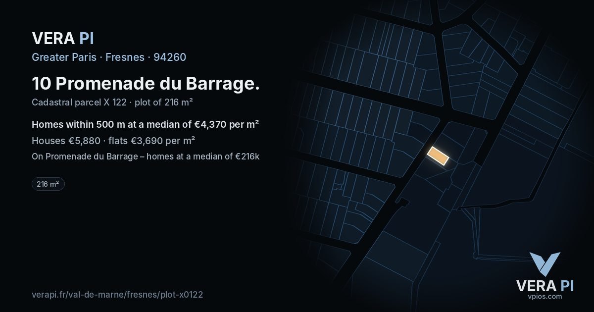 10 Promenade du Barrage, Fresnes at night – the plot lit, the parcels around coloured by the prices near them