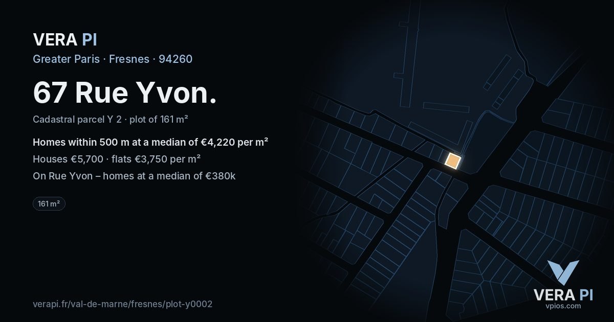 67 Rue Yvon, Fresnes at night – the plot lit, the parcels around coloured by the prices near them