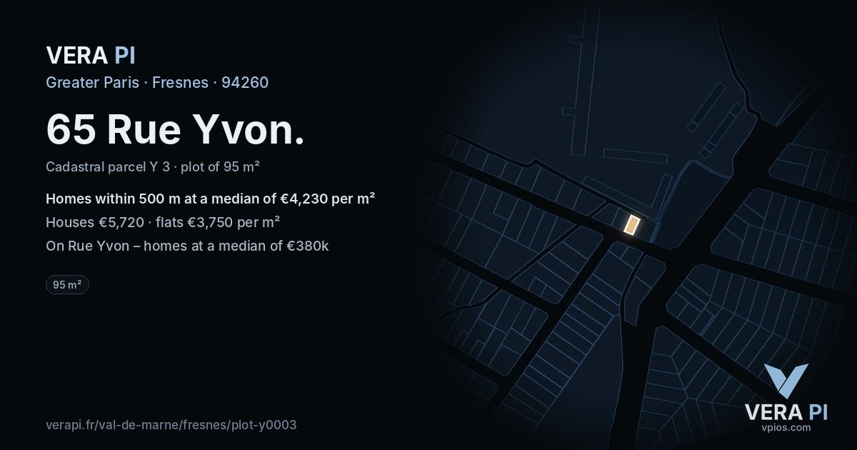 65 Rue Yvon, Fresnes at night – the plot lit, the parcels around coloured by the prices near them