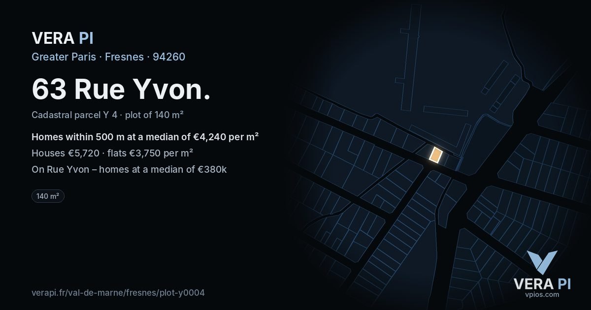 63 Rue Yvon, Fresnes at night – the plot lit, the parcels around coloured by the prices near them