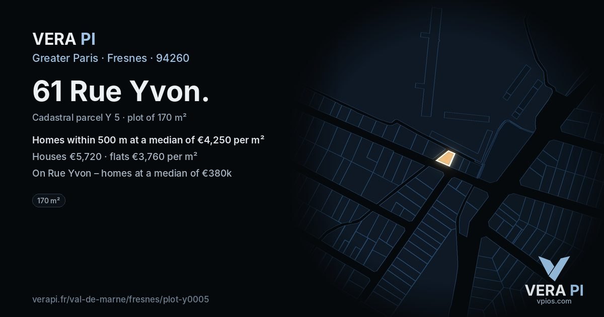 61 Rue Yvon, Fresnes at night – the plot lit, the parcels around coloured by the prices near them