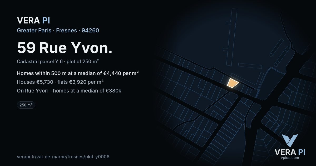 59 Rue Yvon, Fresnes at night – the plot lit, the parcels around coloured by the prices near them