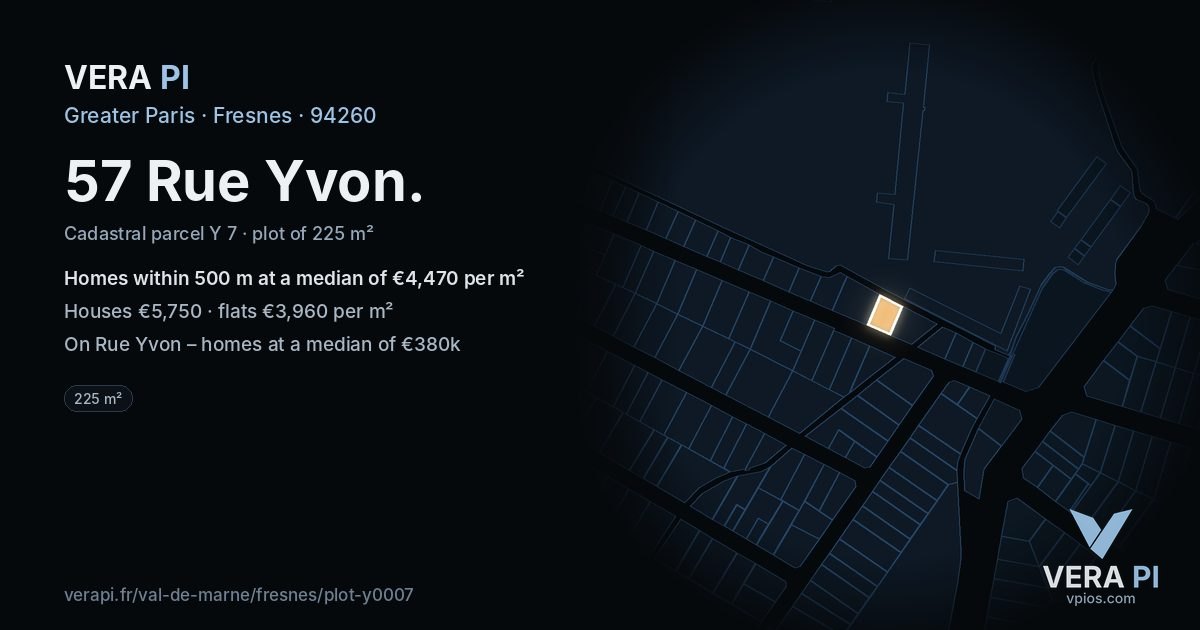 57 Rue Yvon, Fresnes at night – the plot lit, the parcels around coloured by the prices near them