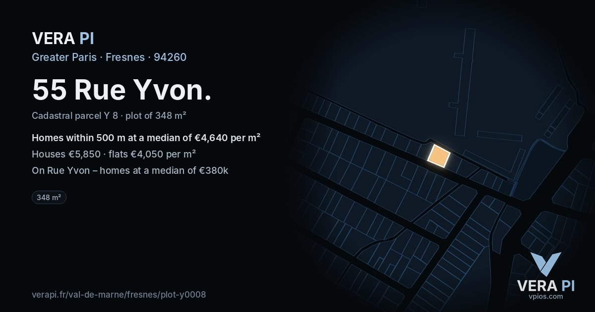55 Rue Yvon, Fresnes at night – the plot lit, the parcels around coloured by the prices near them