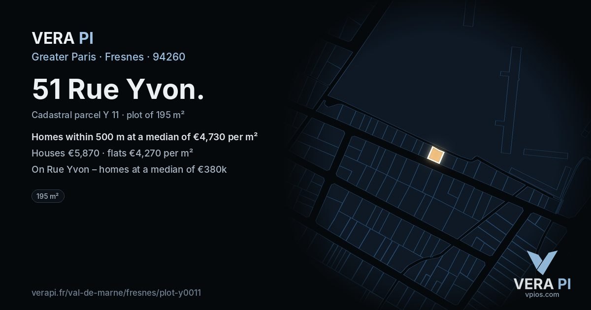 51 Rue Yvon, Fresnes at night – the plot lit, the parcels around coloured by the prices near them
