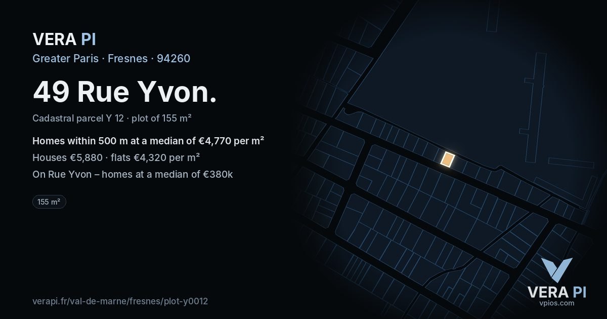 49 Rue Yvon, Fresnes at night – the plot lit, the parcels around coloured by the prices near them