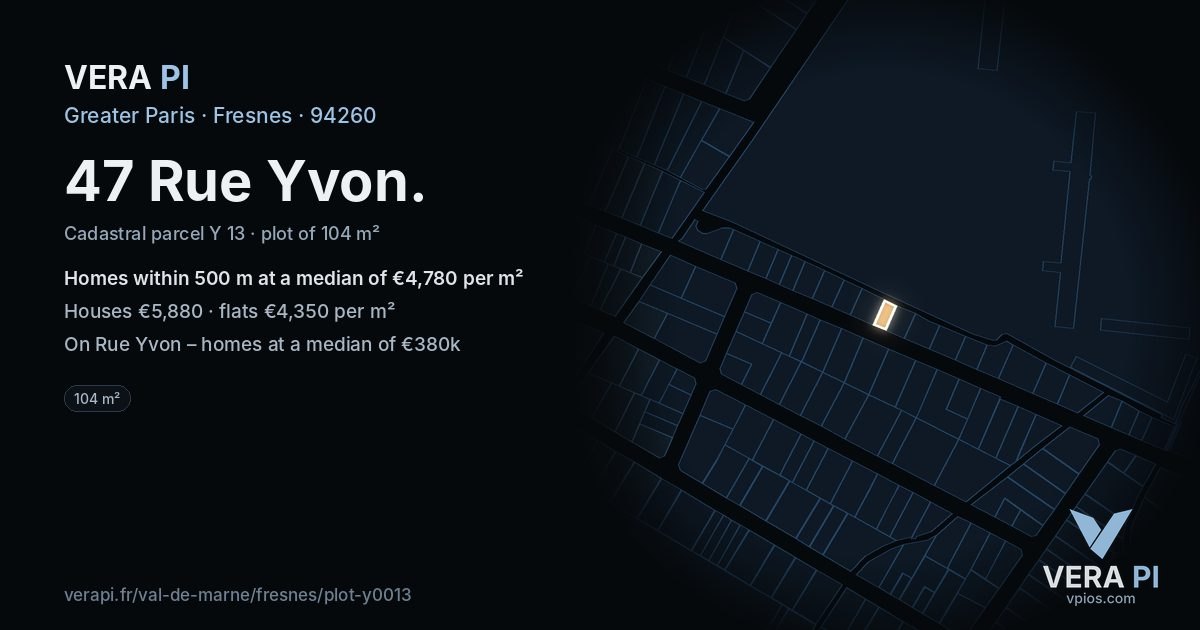 47 Rue Yvon, Fresnes at night – the plot lit, the parcels around coloured by the prices near them