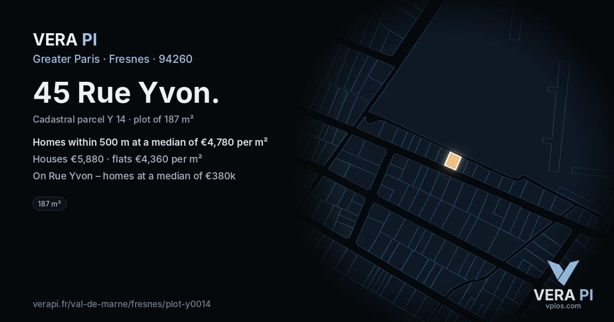 45 Rue Yvon, Fresnes at night – the plot lit, the parcels around coloured by the prices near them
