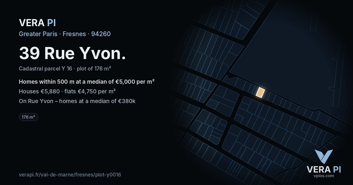 39 Rue Yvon, Fresnes at night – the plot lit, the parcels around coloured by the prices near them