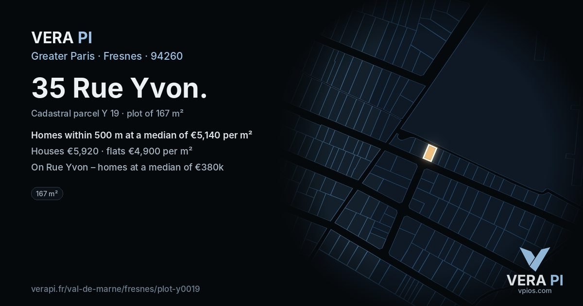 35 Rue Yvon, Fresnes at night – the plot lit, the parcels around coloured by the prices near them