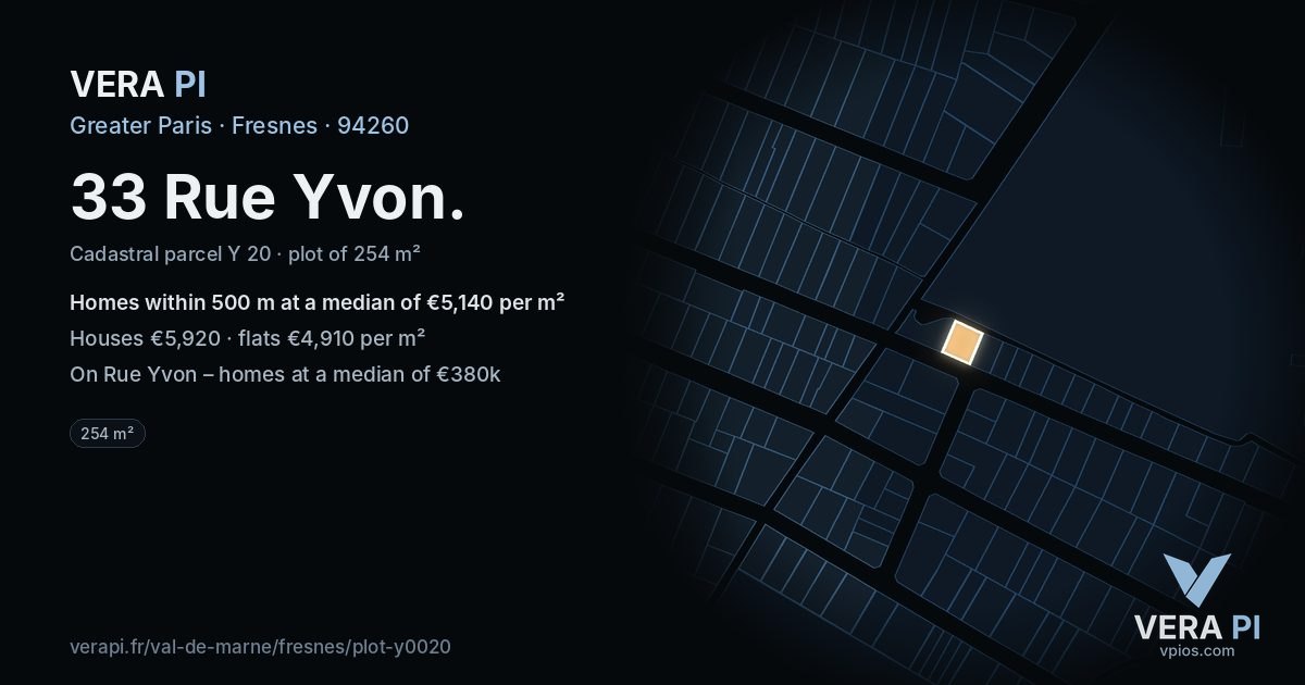 33 Rue Yvon, Fresnes at night – the plot lit, the parcels around coloured by the prices near them