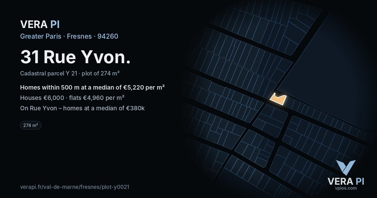 31 Rue Yvon, Fresnes at night – the plot lit, the parcels around coloured by the prices near them