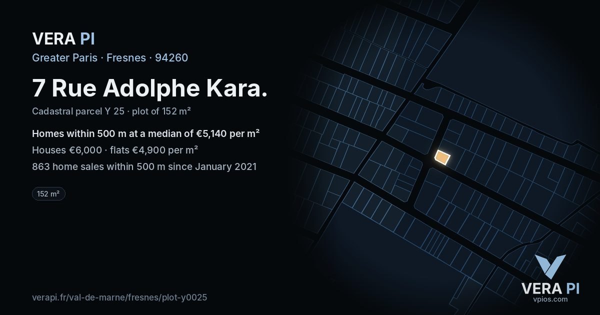7 Rue Adolphe Kara, Fresnes at night – the plot lit, the parcels around coloured by the prices near them