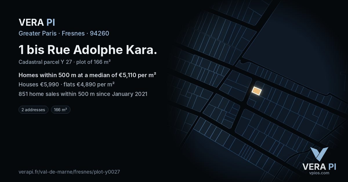 1 bis Rue Adolphe Kara, Fresnes at night – the plot lit, the parcels around coloured by the prices near them
