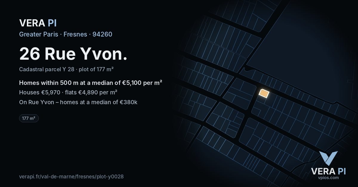 26 Rue Yvon, Fresnes at night – the plot lit, the parcels around coloured by the prices near them