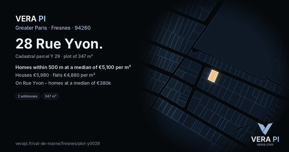 28 Rue Yvon, Fresnes at night – the plot lit, the parcels around coloured by the prices near them