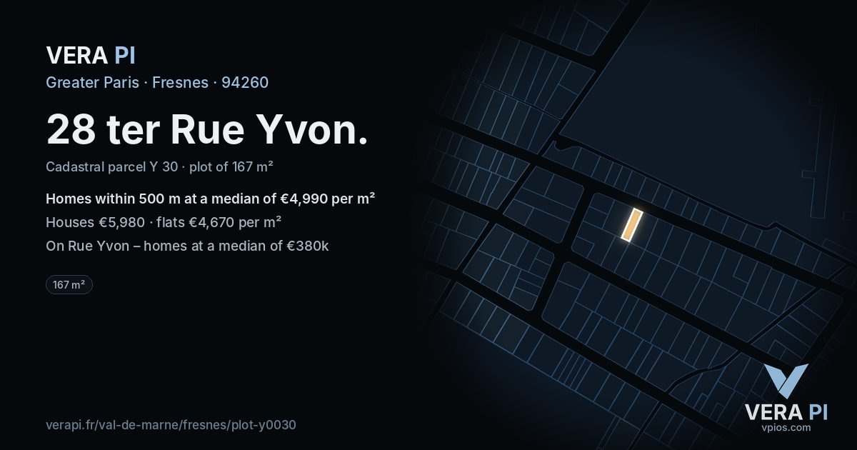 28 ter Rue Yvon, Fresnes at night – the plot lit, the parcels around coloured by the prices near them