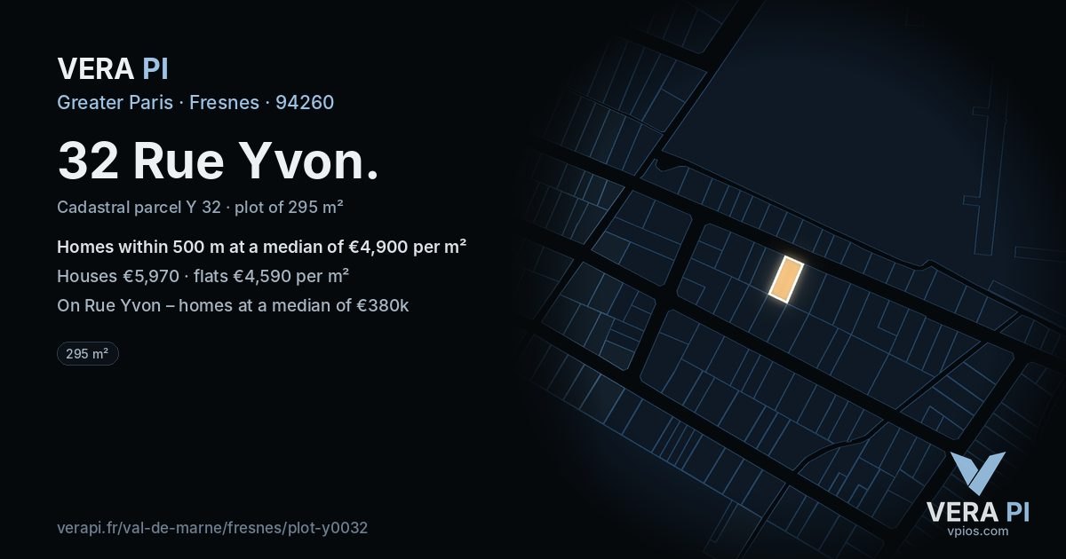 32 Rue Yvon, Fresnes at night – the plot lit, the parcels around coloured by the prices near them