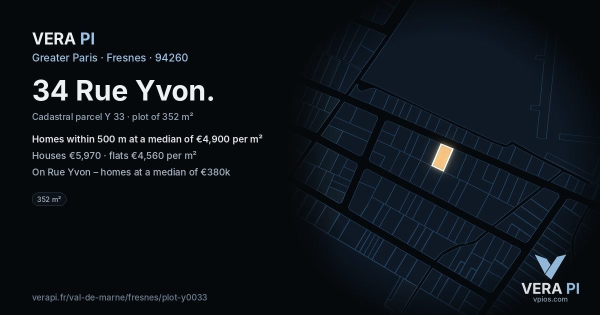 34 Rue Yvon, Fresnes at night – the plot lit, the parcels around coloured by the prices near them