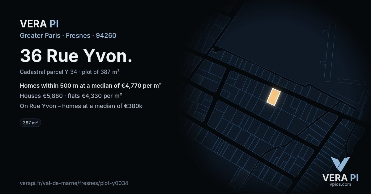 36 Rue Yvon, Fresnes at night – the plot lit, the parcels around coloured by the prices near them