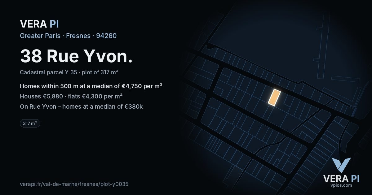 38 Rue Yvon, Fresnes at night – the plot lit, the parcels around coloured by the prices near them