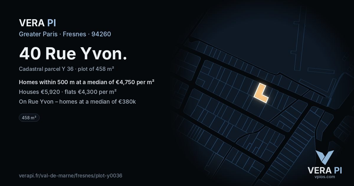 40 Rue Yvon, Fresnes at night – the plot lit, the parcels around coloured by the prices near them