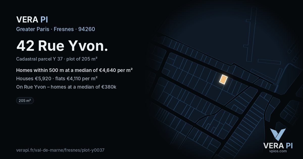 42 Rue Yvon, Fresnes at night – the plot lit, the parcels around coloured by the prices near them