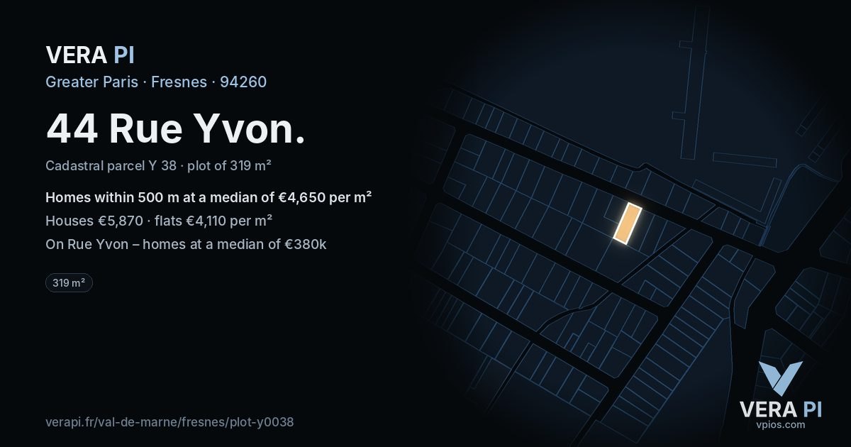 44 Rue Yvon, Fresnes at night – the plot lit, the parcels around coloured by the prices near them
