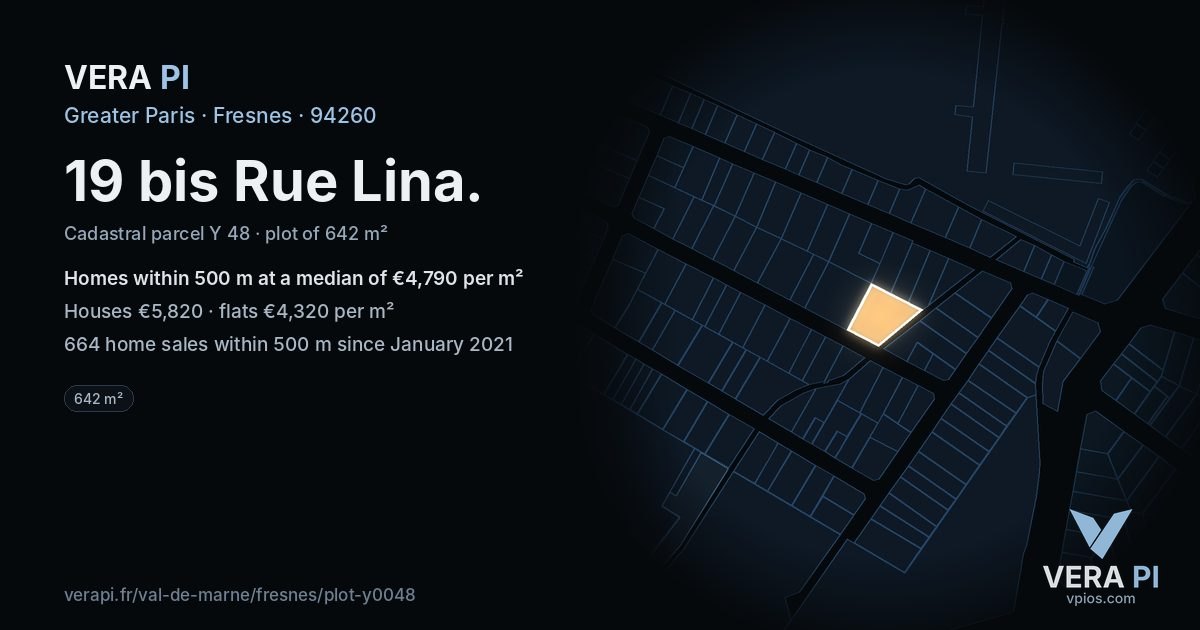 19 bis Rue Lina, Fresnes at night – the plot lit, the parcels around coloured by the prices near them