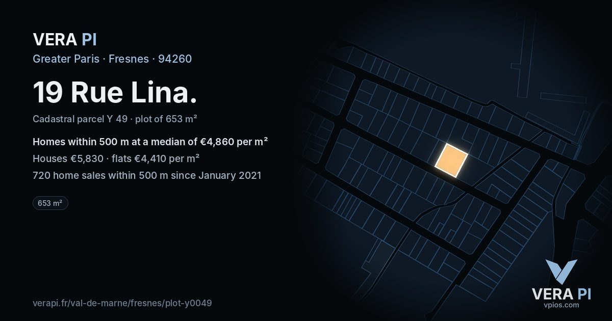 19 Rue Lina, Fresnes at night – the plot lit, the parcels around coloured by the prices near them