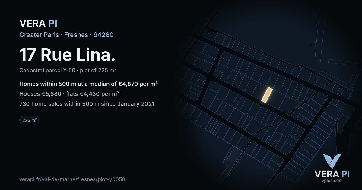 17 Rue Lina, Fresnes at night – the plot lit, the parcels around coloured by the prices near them