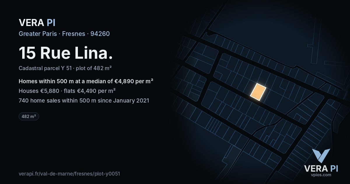 15 Rue Lina, Fresnes at night – the plot lit, the parcels around coloured by the prices near them