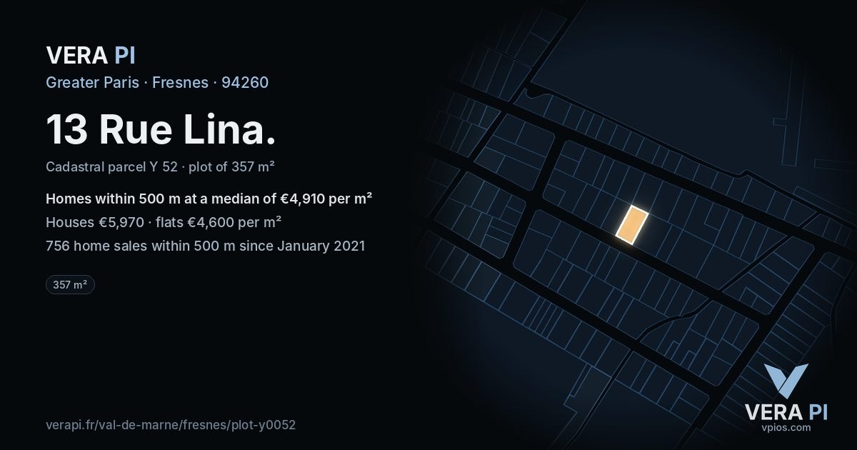 13 Rue Lina, Fresnes at night – the plot lit, the parcels around coloured by the prices near them