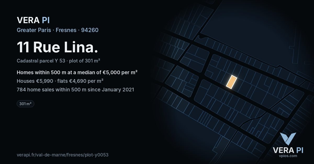 11 Rue Lina, Fresnes at night – the plot lit, the parcels around coloured by the prices near them