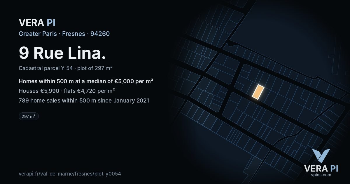 9 Rue Lina, Fresnes at night – the plot lit, the parcels around coloured by the prices near them