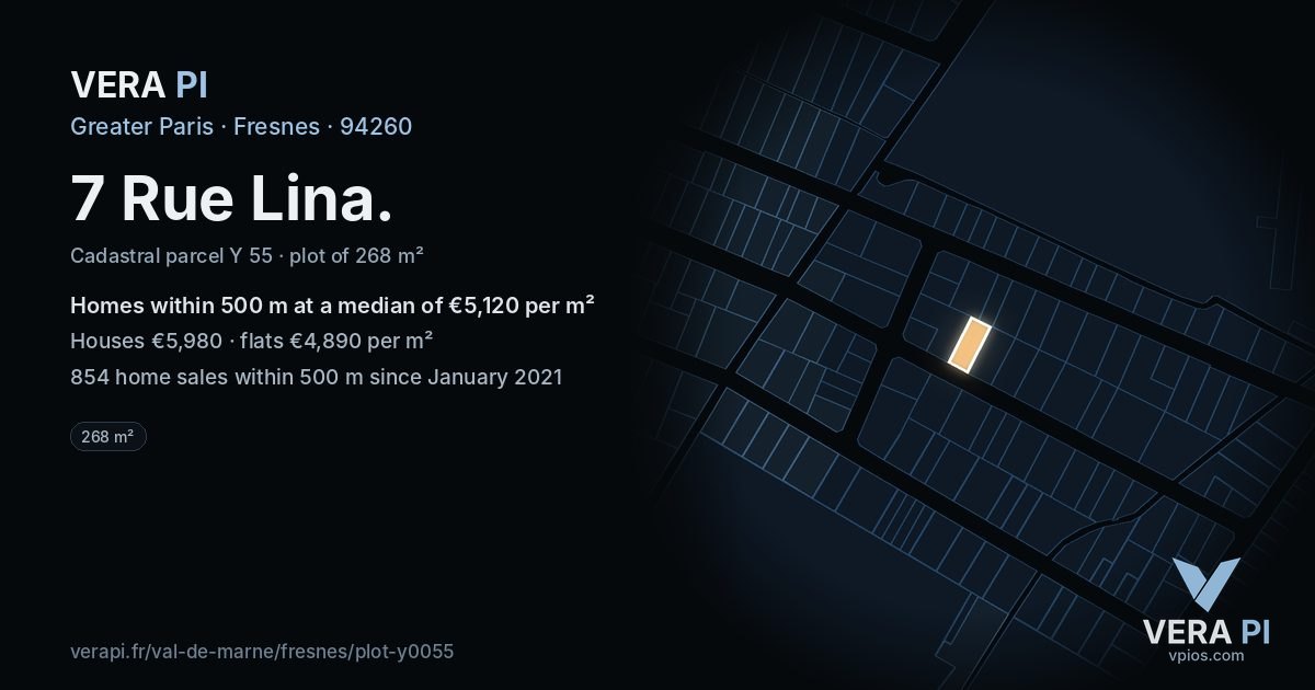 7 Rue Lina, Fresnes at night – the plot lit, the parcels around coloured by the prices near them