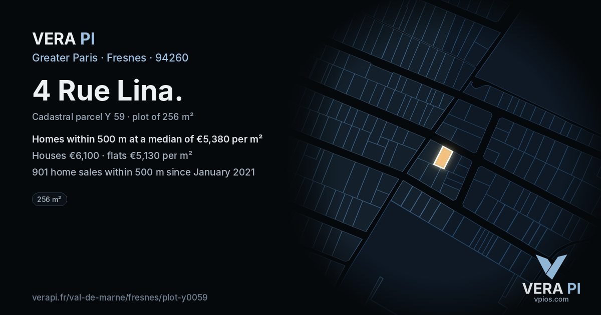 4 Rue Lina, Fresnes at night – the plot lit, the parcels around coloured by the prices near them