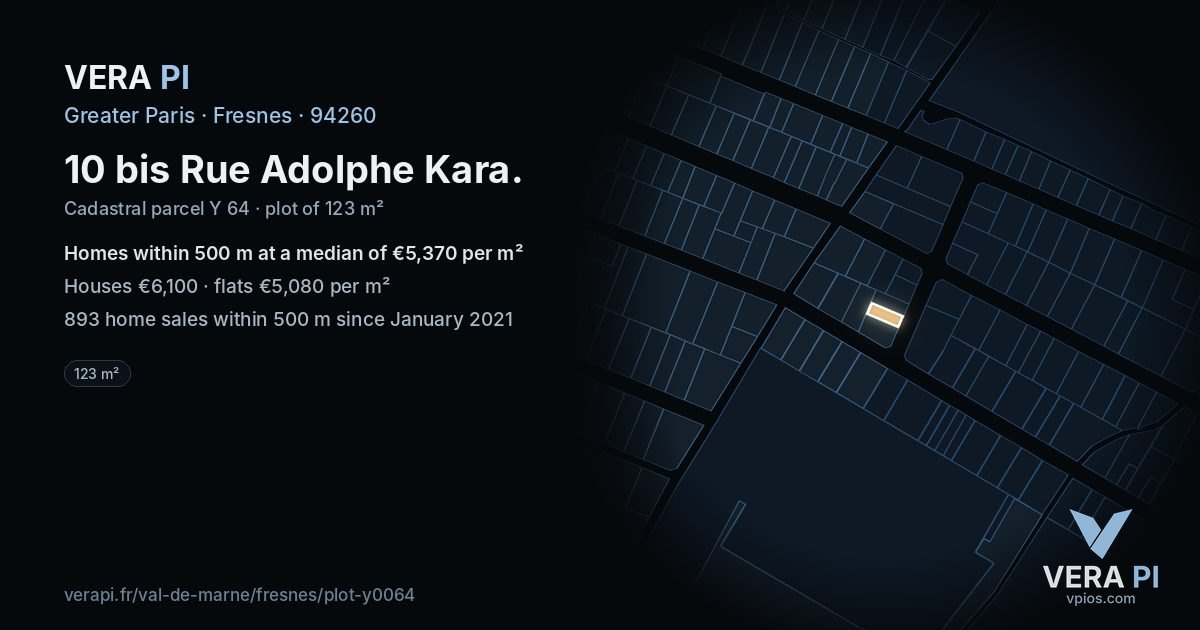 10 bis Rue Adolphe Kara, Fresnes at night – the plot lit, the parcels around coloured by the prices near them