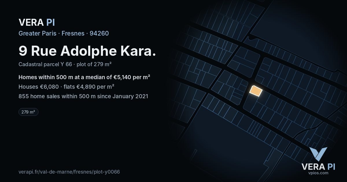9 Rue Adolphe Kara, Fresnes at night – the plot lit, the parcels around coloured by the prices near them