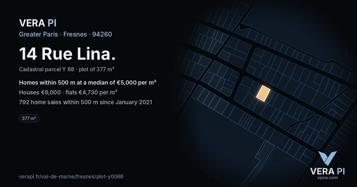 14 Rue Lina, Fresnes at night – the plot lit, the parcels around coloured by the prices near them