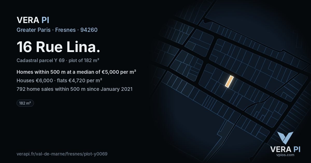 16 Rue Lina, Fresnes at night – the plot lit, the parcels around coloured by the prices near them